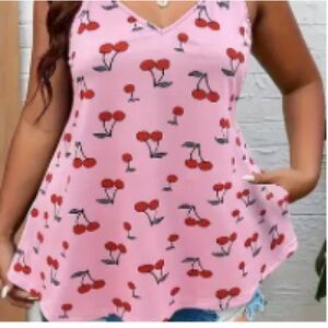 Pink Asymmetrical Tank Top with Cherry Print